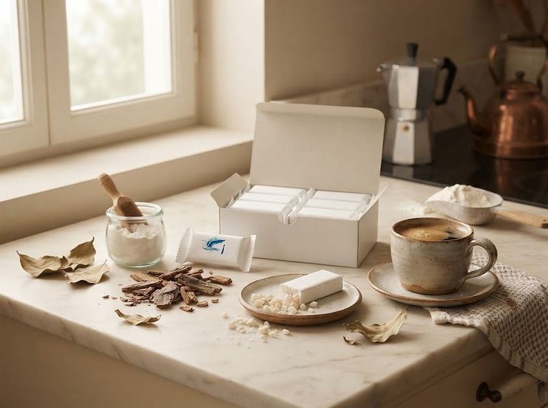 Home baker comparing two sweetener boxes in a supermarket aisle
